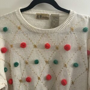 CH Collection Women's VTG Holiday Christmas Sweater Large Pom Poms Gold Beading